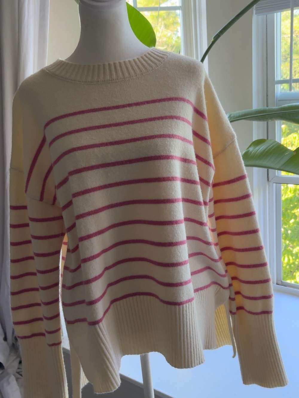 Relaxed Cream Sweater with Pink Stripes